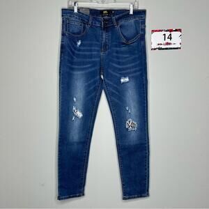 L&B size 14 mid rise skinny jeans snake print patches denim